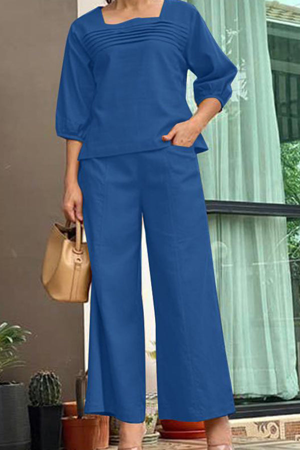 Loose Color Long Sleeved Top Wide Leg Pants Set