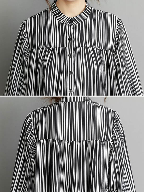 Loose Striped Buttoned Stand Collar Long Sleeves Midi Dress