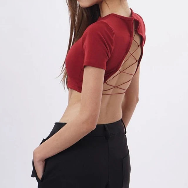 ’s O-neck Backless T-shirt Short Sleeve Color Crop Top Summer Baby Tee Y2k Clothes Skinny Tunics Tops