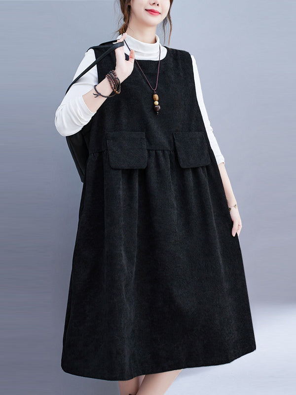 Artistic Retro Loose Sleeveless Color Round-neck Midi Dresses