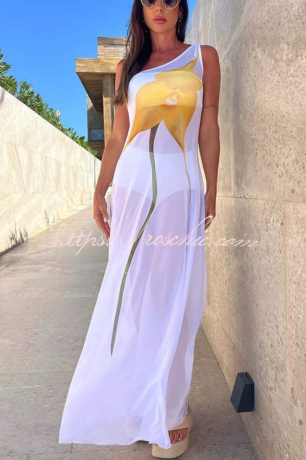 Dalia Tulle See Through Print One Shoulder Vacation Maxi Dress