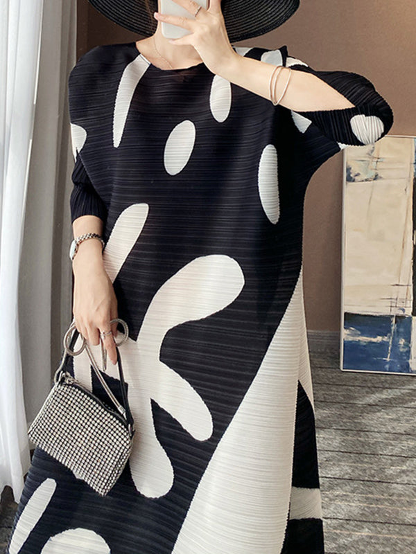 Loose Three-quarter Sleeves Pleated Printed Round-neck Midi Dresses