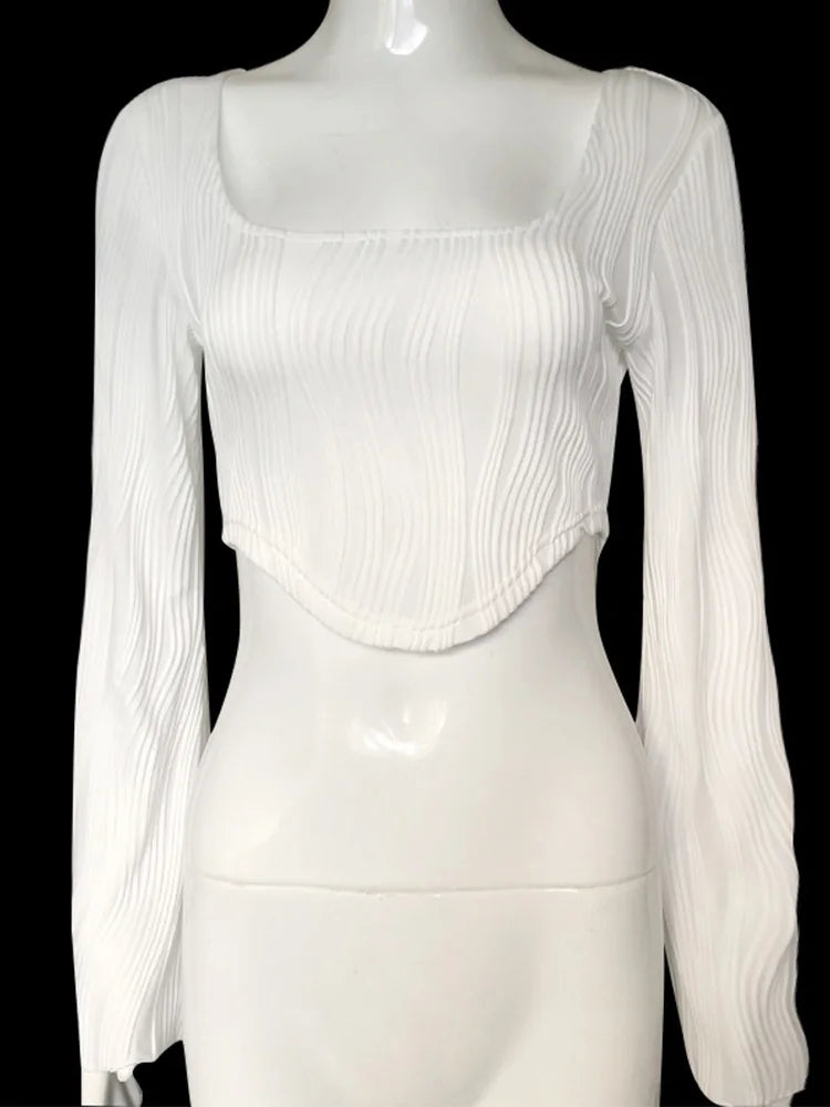 Long Sleeve Textured Crop Tops Scoop Neck Hanky Hem Color Short Slim Fit T-shirt Female