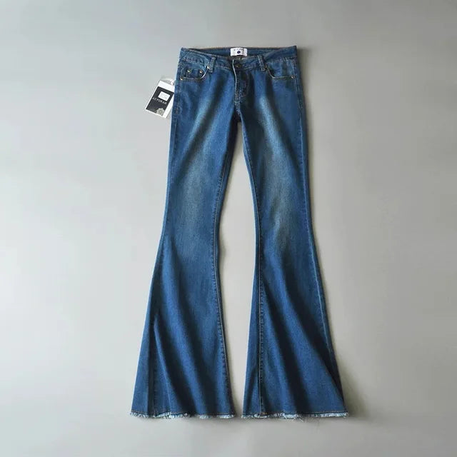 Retro Low Waist Blue Jeans for Bodycon Flared Pants Basic Slim Fit Summer Street Jeans Woman