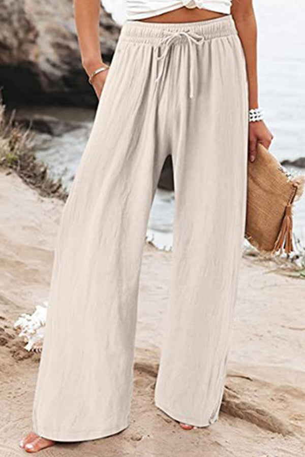 Cotton Linen Wide-leg Drawstring Beach Pants Pants