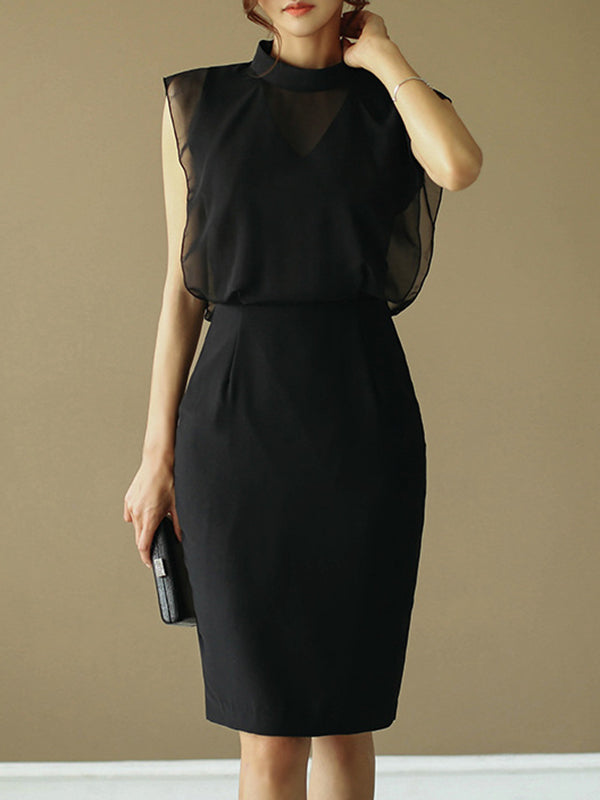 Loose Sleeveless Gauze Hollow See-through Split-joint Zipper Stand Collar Evening Dresses Midi Dresses