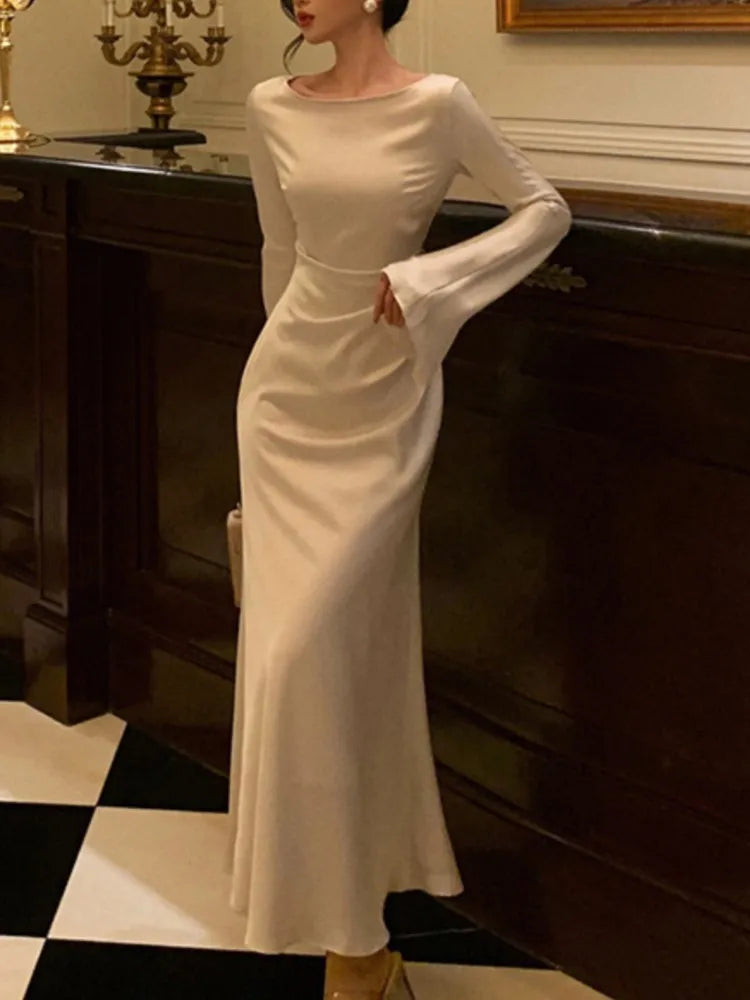 Autumn Satin Long Dresses for Flare Sleeve Slim Mermaid Spring French Wedding Party Prom Robe Vestidos Para Mujer