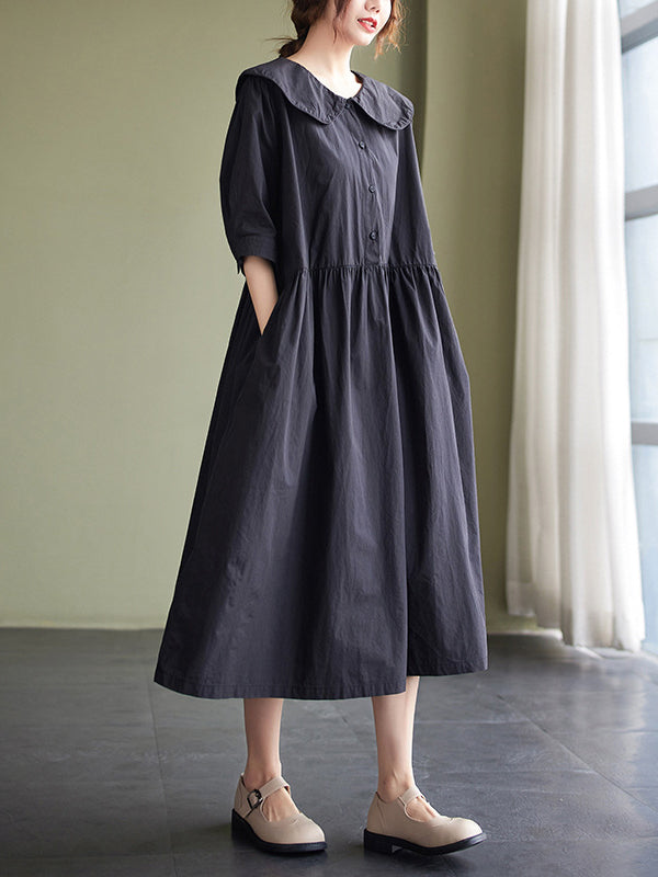 Original Loose Color Buttoned Pleated Midi Dress