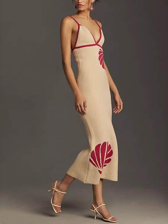 Knitted Suspender Halterneck V-neck Backless Midi Dress