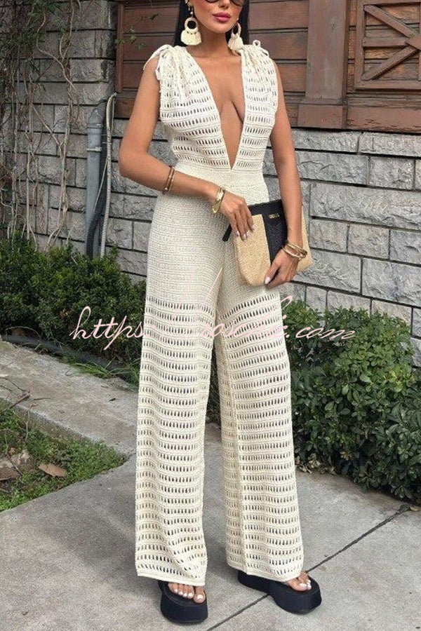 Color Knitted V-neck Holiday Hollow Jumpsuit