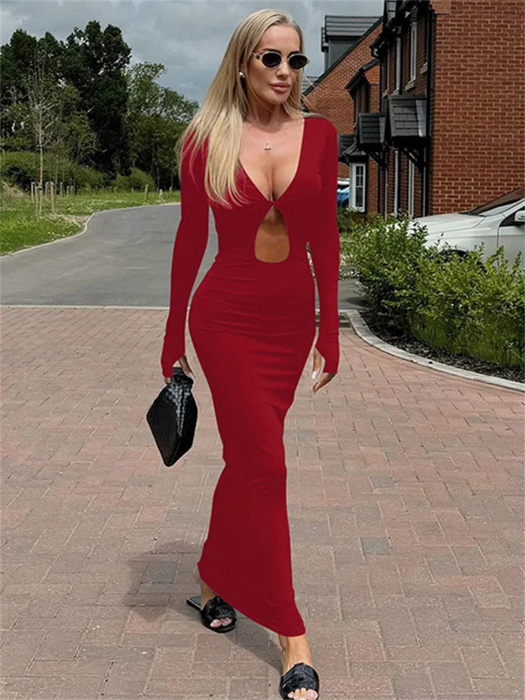 Hollow Out Slim Maxi Dress for V-neck High Waist Patchwork Autumn Party Dress Female Black Dress