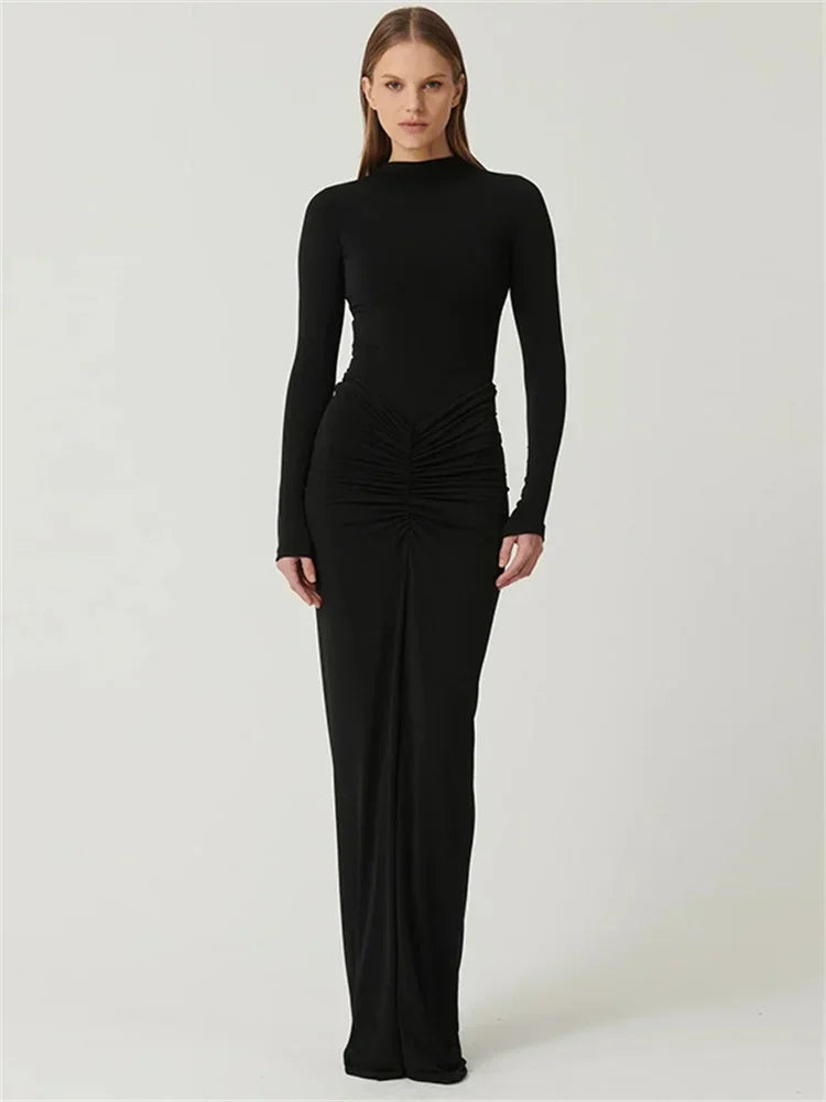Pleated Patchwork Long Dress ’s High Waist Long Sleeve Slim Party Dress Summer Female Maxi Dress