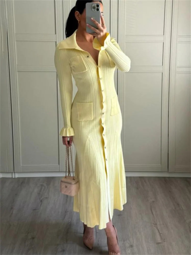 Ribbed Ruffled Knit Long Dress Female Pocket Cardigan Sweater Long Sleeve Party Dress ’s Knitwear Maxi Dress