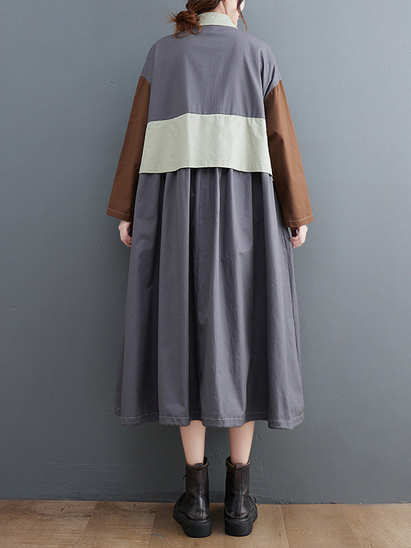 Loose Long Sleeves Contrast Color Polo Midi Dresses