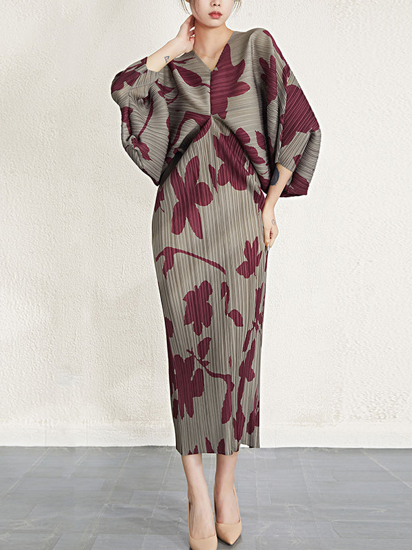 Batwing Sleeves Loose Pleated Printed V-neck Midi Dresses