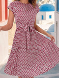 Loose Raglan Sleeve Printed Tied Waist Round-neck Midi Dresses