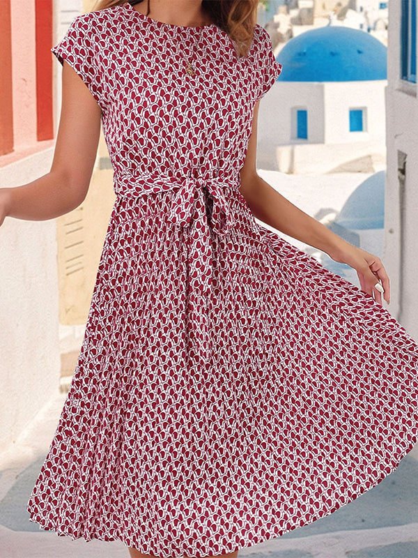 Loose Raglan Sleeve Printed Tied Waist Round-neck Midi Dresses
