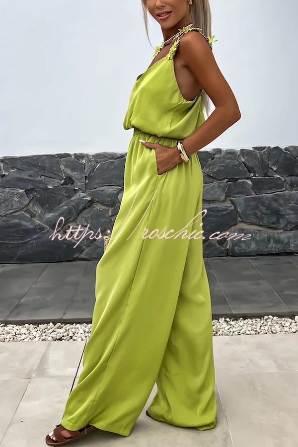 Color Embroidered Flower Suspenders Loose Jumpsuit
