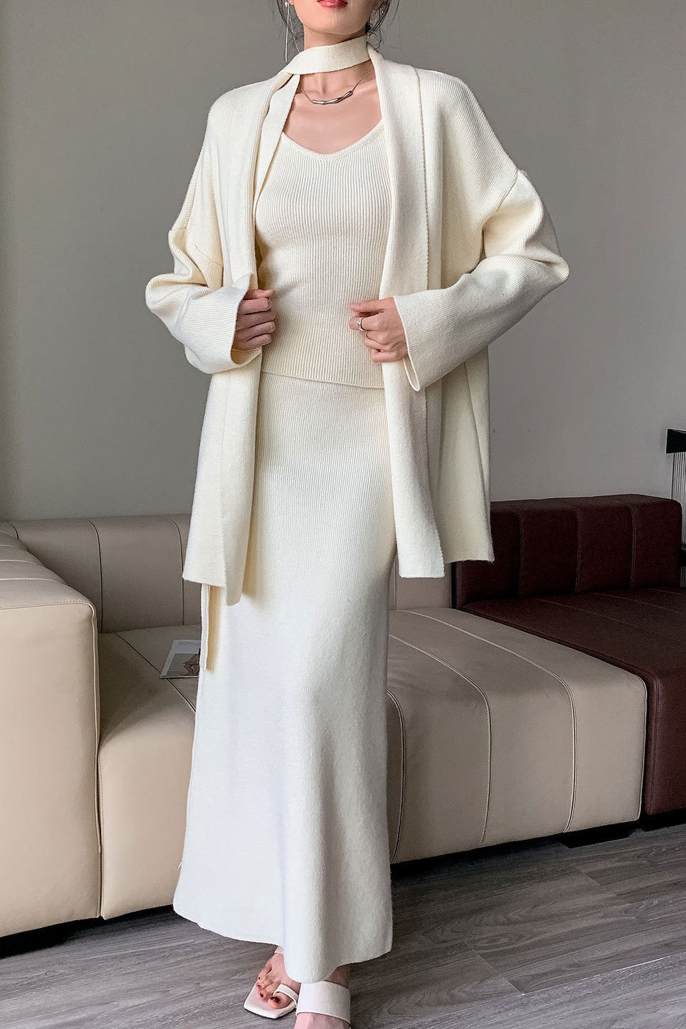 Ribbed High-end Knit Cardigan Tank Wide-leg Pants Three Piece Set