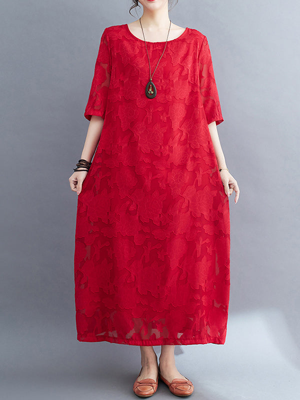 Loose Three-quarter Sleeves Jacquard See-through Color Round-neck Midi Dresses