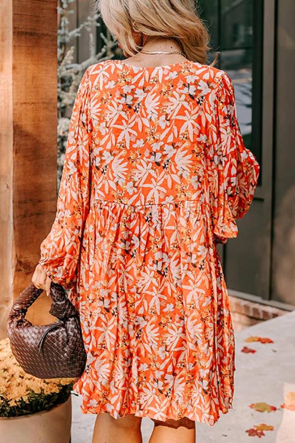 Orange Print Split V Neck Bubble Sleeve Midi Dress