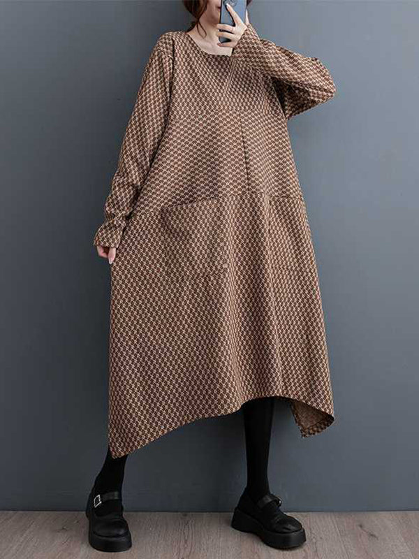Long Sleeves Loose Pockets Printed Split-joint Split-side Round-neck Midi Dresses