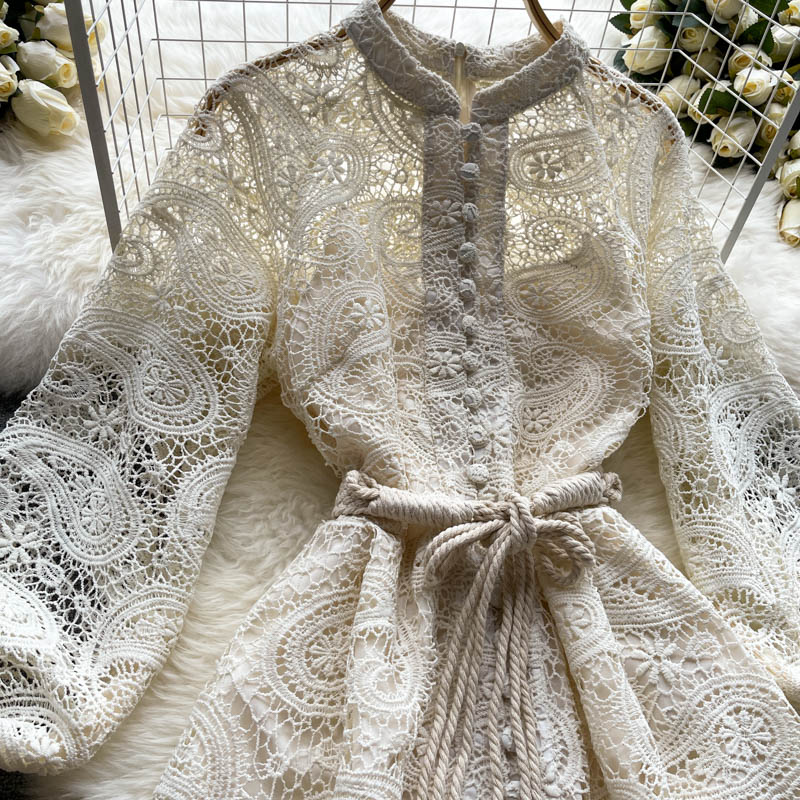 Apricot Cashew Flower Lace Embroidery Single Breasted Lantern Sleeve Midi Dress