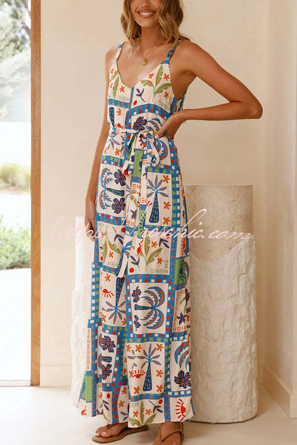 Unique Beach Vacation Print V-neck Suspenders Wide-leg Jumpsuit