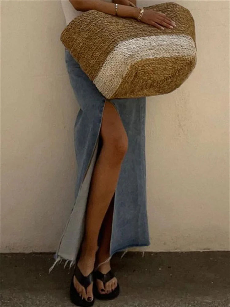 New High Waist Denim Skirts Spilt Out Maxi Jean Skirt Summer Holiday Long Skirts