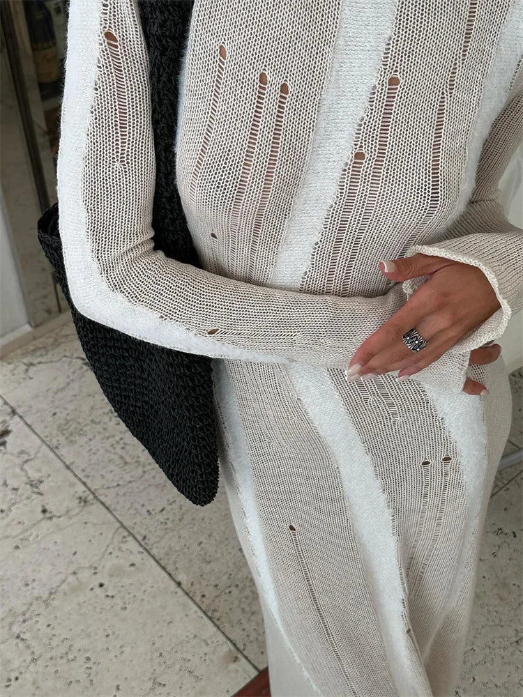 Hollow Out Knit Maxi Dress for Slim Long Sleeve Autumn Party Dress Female Knitwear Dress