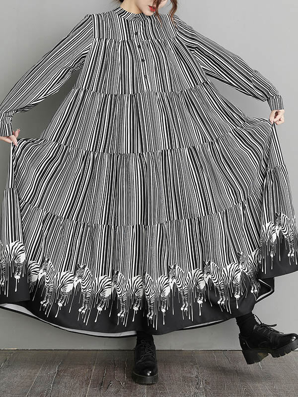 Loose Striped Buttoned Stand Collar Long Sleeves Midi Dress