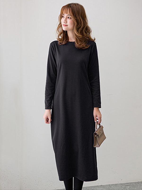 Simple Color Round-neck A-line Midi Dress