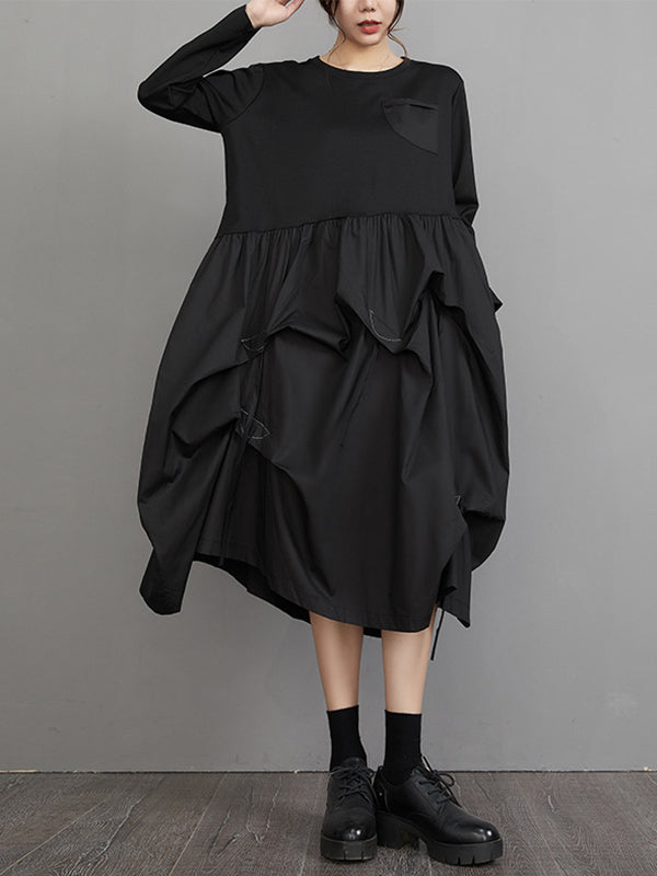 Long Sleeves Loose Split-joint Color Round-neck Midi Dresses