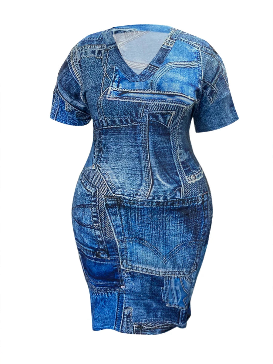 Imitation Denim V Neck Pocket Design Dress ’s T-shirt Summer Loose Dress Vestidos