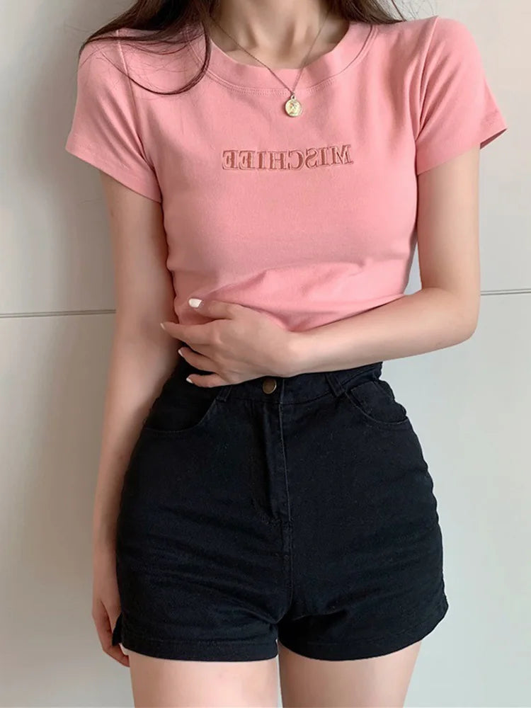 Short Sleeve Top Pure T-shirt Brand Letter Summer Embroidered Clothing Slim Cotton Pure Color Round Neck