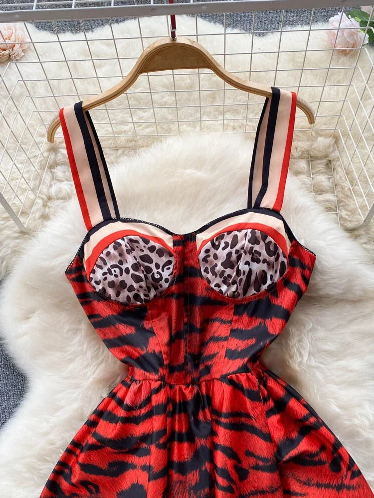 Party Dress Summer Leopard Print Three-dimensional Midi Dresses a Line High Waist Long Robe
