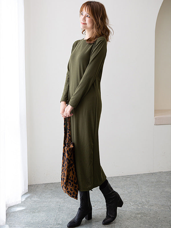Simple Color Round-neck A-line Midi Dress