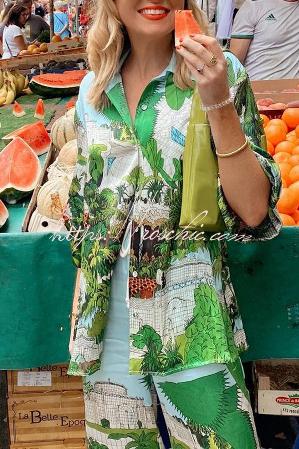 Landscape Print Button Pocket Tie Elastic Waist Pants Set