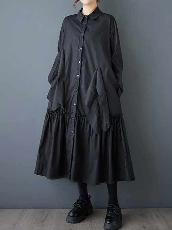 A-line Long Sleeves Buttoned Pleated Pockets Color Split-joint Lapel Midi Dresses