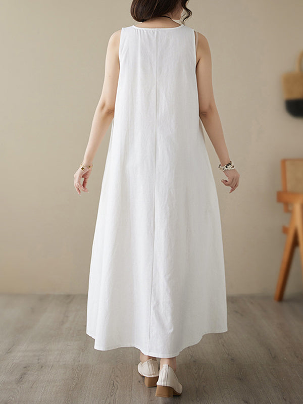 Loose Sleeveless Color Round-neck Midi Dresses