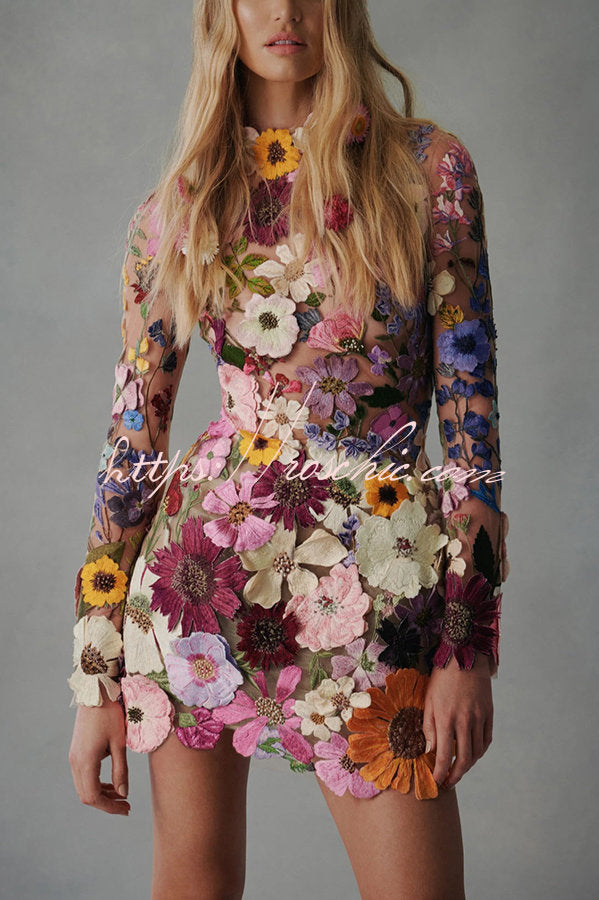 Elegantly Enchanted Applique Backless Long Sleeve Mini Dress