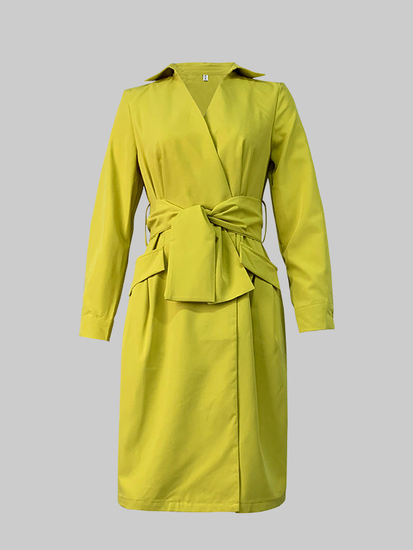 Long Sleeves Color Tied Waist Deep V-neck Mini Dresses