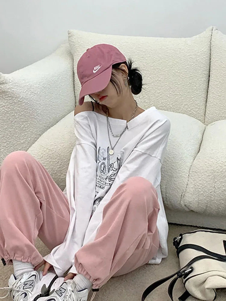 Y2k T-shirt Fairy Grunge Letter Print Tops Black Autumn Off Shoulder Long Sleeved Korean Tees Loose Harajuku Shirt