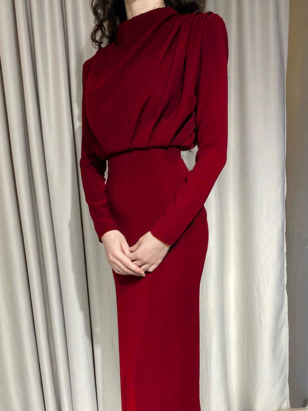 High Waisted Long Sleeves Pleated Color Mock Neck Midi Dresses