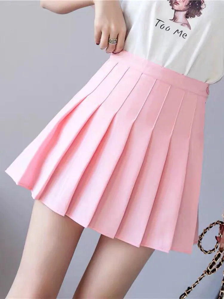Pleated Skirt Summer High Waist a Line Pink Mini Skirt Korean Zipper Preppy Style Dance Skirt