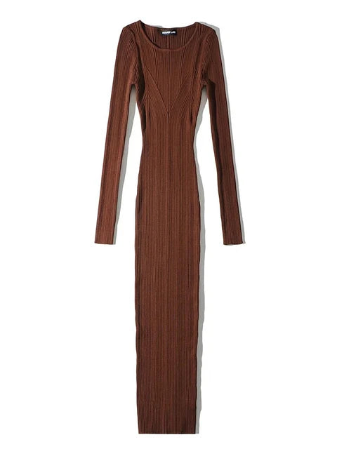 Autumn Slim Long Dress Female Knitwear Slim High Waist Patchwork Long Sleeve Party Dress Knit Dress