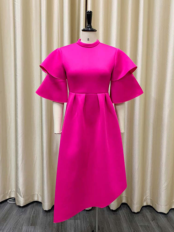 Original Loose Half Sleeves Falbala Color Round-neck Midi Dresses