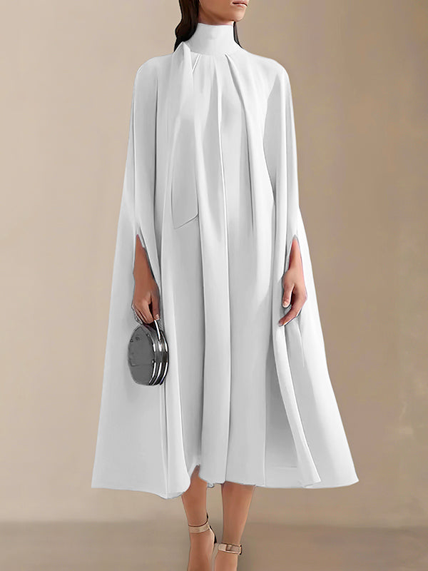 Simple Batwing Sleeves Lace-up Color High-neck Midi Dresses