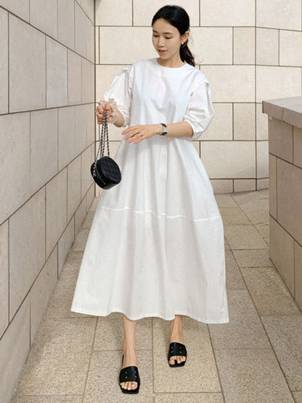 Round-neck Bishop Sleeve Loose Color Midi Dress