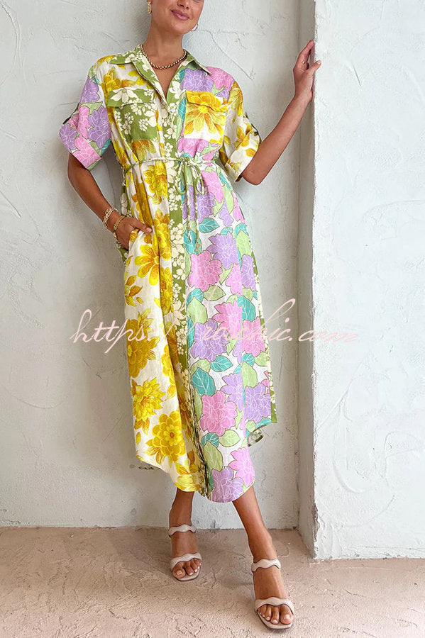 Travel Effortlessly Linen Blend Patchwork Shirt Midi Dress